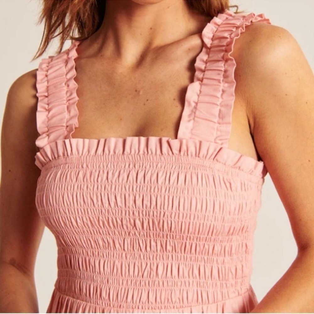Abercrombie & Fitch Coral Pink Smocked Top Cotton Maxi Pockets Dress Size Medium - Picture 2 of 8